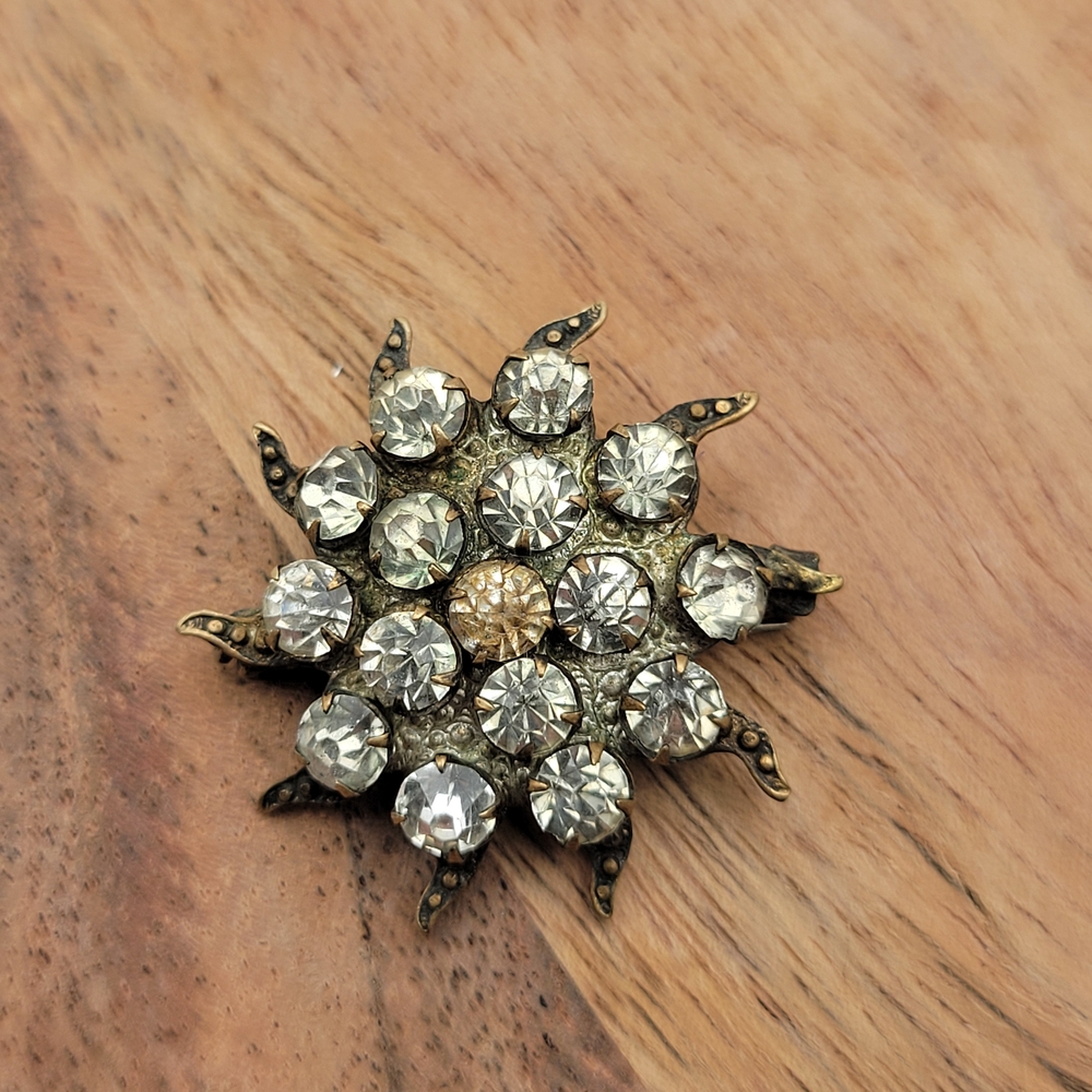 Antique Victorian Brass Made Floral C-Clasp Brooch With Rhinestones